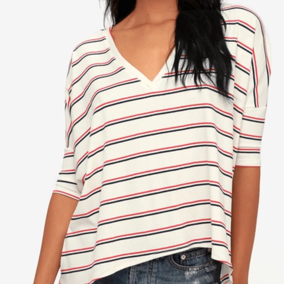 Lulus Tops - Lulus Starting Line Striped Oversized V-Neck Tee